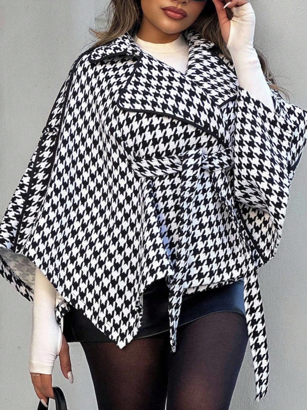 Classic Houndstooth Print Wide Collar Belted 3/4 sleeve cape coat jacket